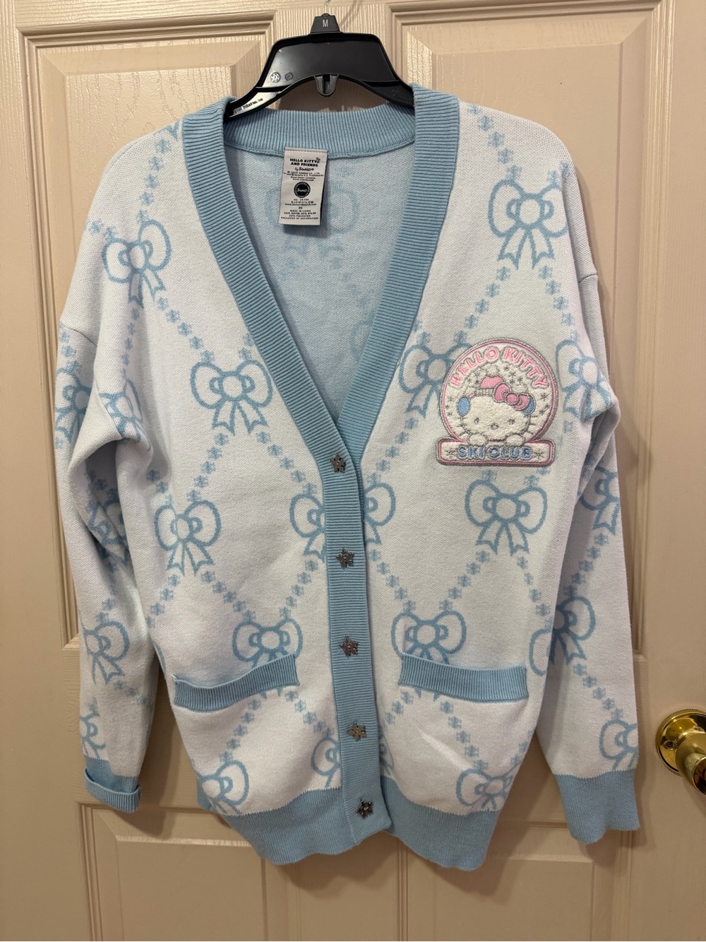 Hello Kitty Light Blue Bow-Pattern Cardigan Sweater
